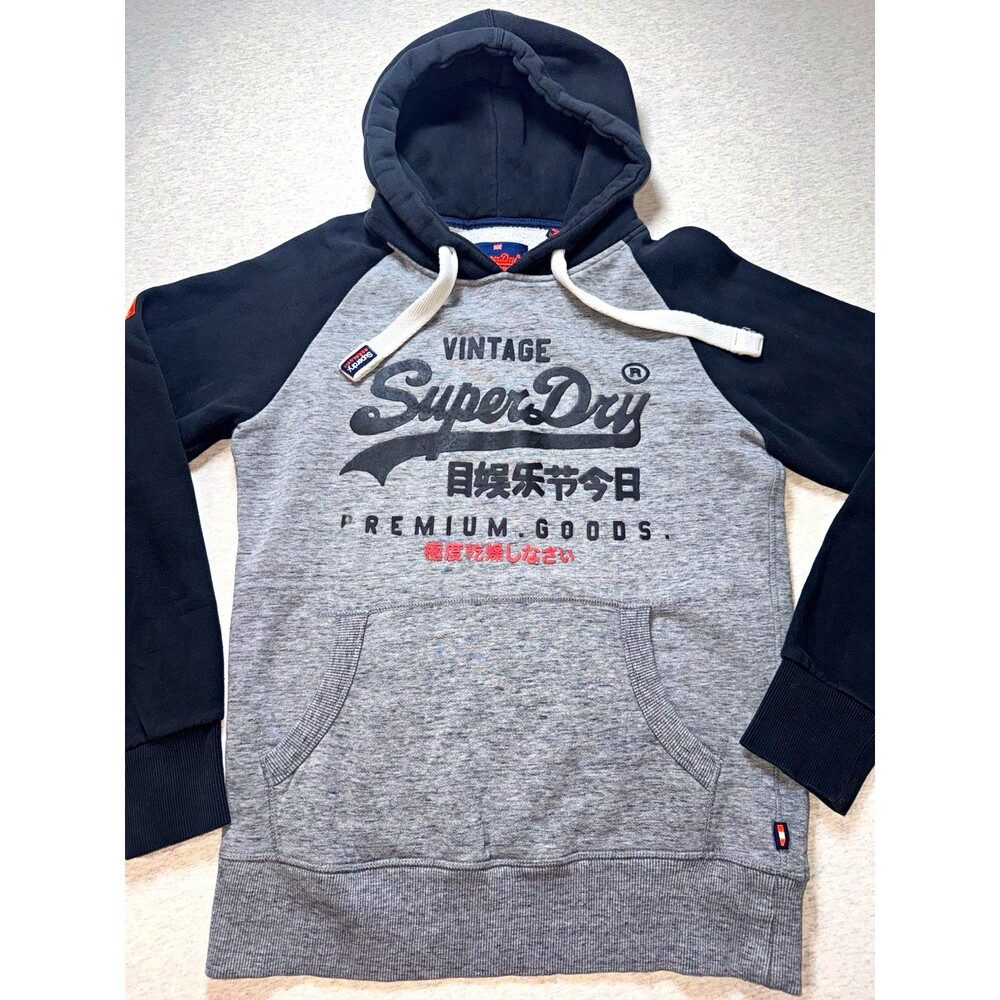 Superdry Men's Gray/Black Fleece Pullover Hoodie Logo Graphic Pockets Size Large